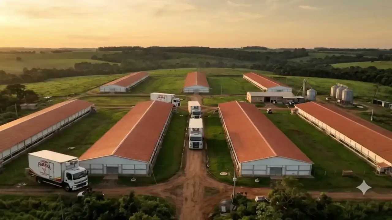 Vista aérea dos aviários da Frango Paraná com caminhões da frota ao entardecer