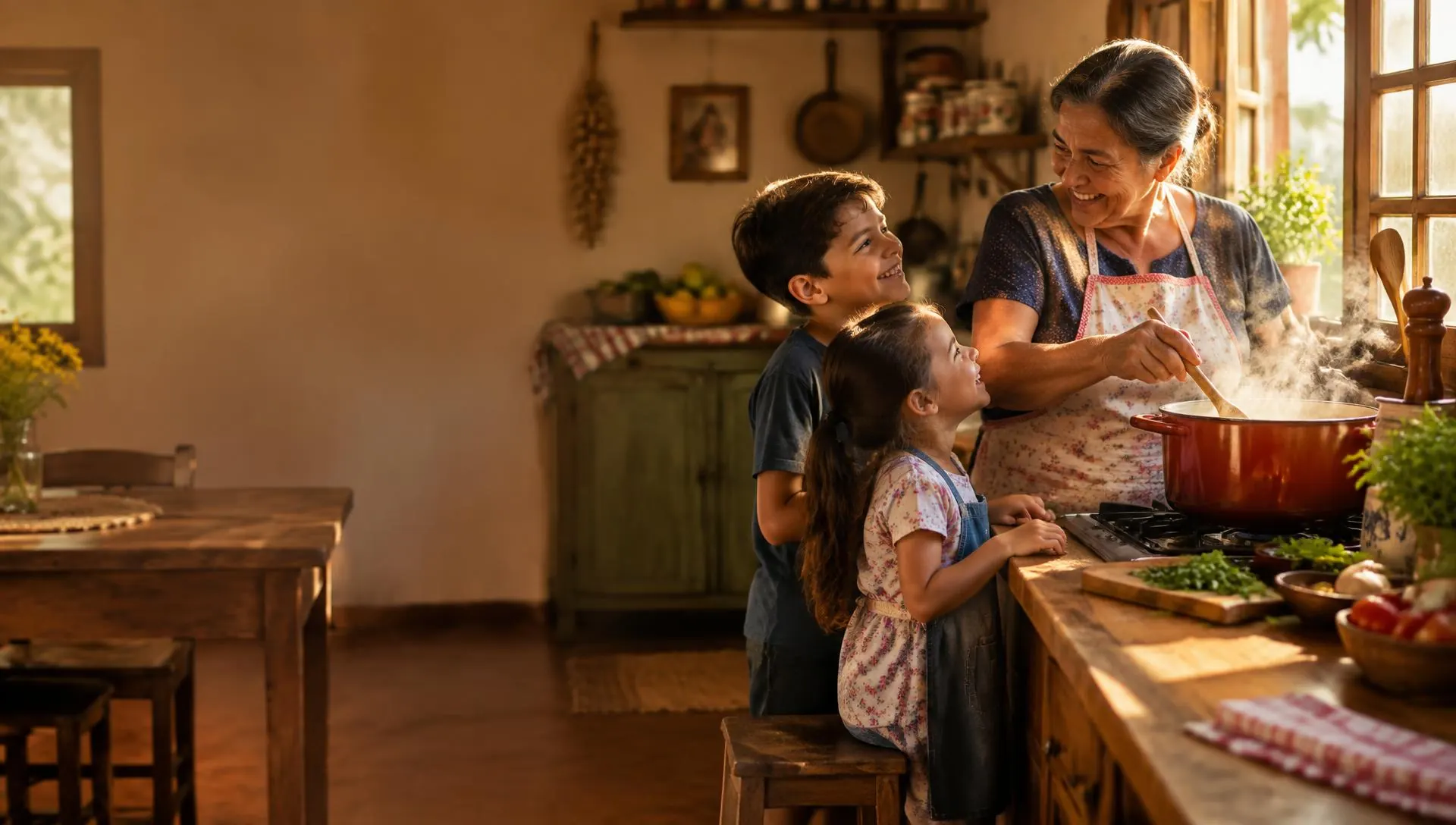 Avó cozinhando com os netos na cozinha