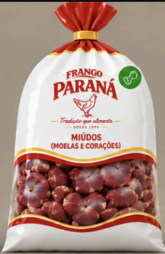 Embalagem de miúdos (moelas e corações) da Frango Paraná